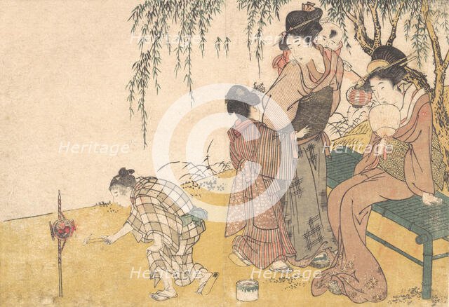 A Child Lighting Fireworks, from the illustrated book Flowers of the Four Seasons, 1801. Creator: Kitagawa Utamaro.