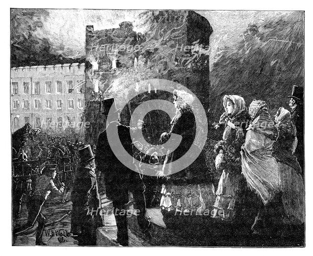 Fire in the Prince of Wales's Tower, Windsor Castle, c1850s, (1888). Artist: William Barnes Wollen