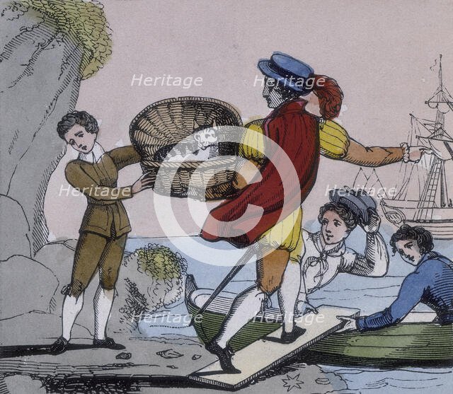 Dick Whittington handing over his cat to the captain of a ship, 1845. Creator: Unknown.
