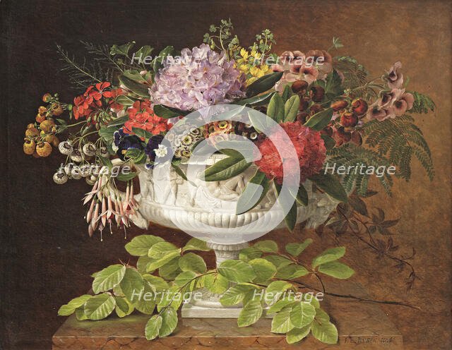 Flowers in a centrepiece on a marble windowsill with a beech branch, 1846. Creator: Johan Laurentz Jensen.