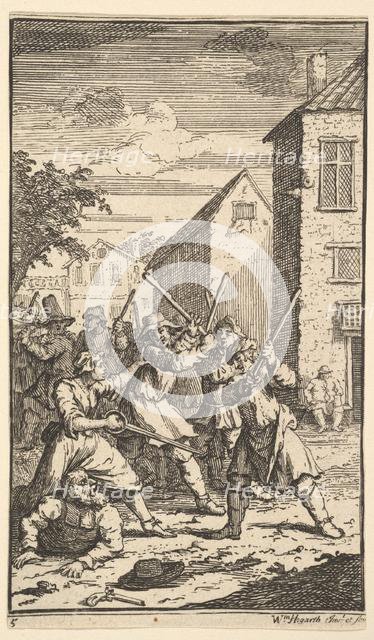 Hudibras Vanquished by Trulla (Seventeen Small Illustrations for Samuel Butler's Hudibr..., 1721-26. Creator: William Hogarth.