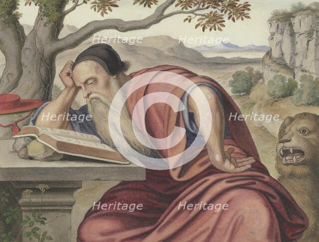 Saint Jerome in a landscape, reading, mid-19th century. Creator: Ferdinand Olivier.