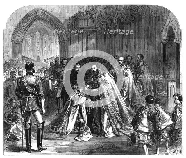 The Grand Master investing the Prince of Wales with the Order of St. Patrick...Dublin, 1868. Creator: Unknown.