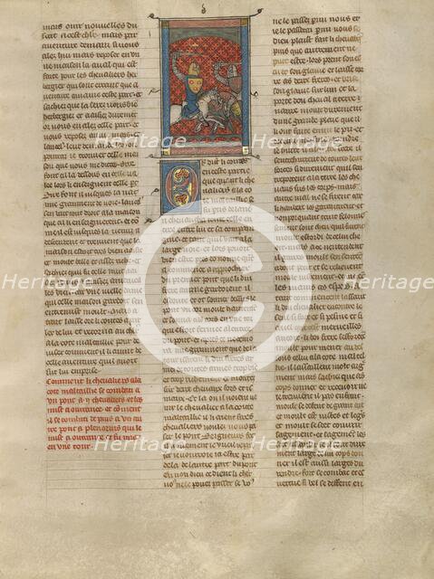 Sword Fight between Knight à la cote mal taillée and Two Knights on a Bridge, about 1320-1340. Creator: Unknown.