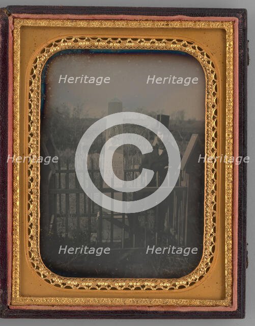 Untitled (Portrait of a Man with a Top Hat Standing next to a Gravestone), 1853. Creator: Unknown.