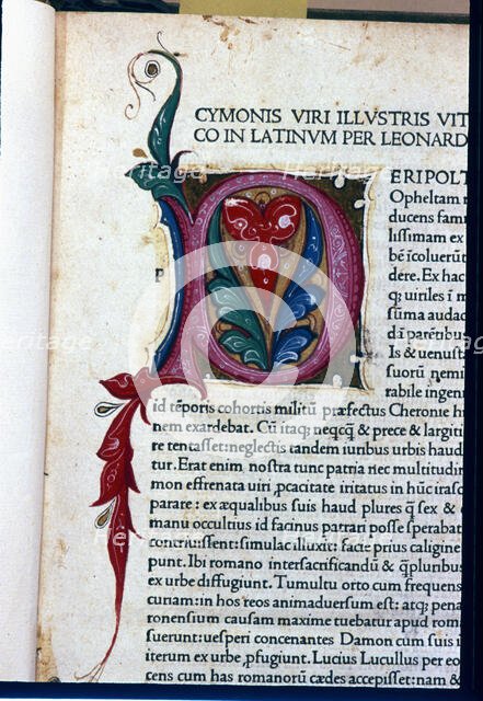 Illustrated page with miniature and decorated initial of the work 'Parellalle, sive..., 1478. Creator: Plutarch (50 a.C - 120 a.C.).