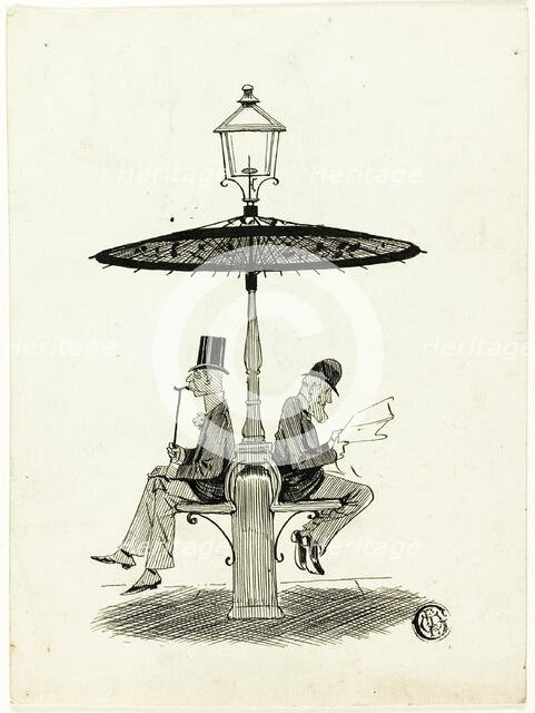 Two Gentlemen Seated Under Lamp Post with Japanese Umbrella, 1850/1911. Creator: S.F. Paynter.