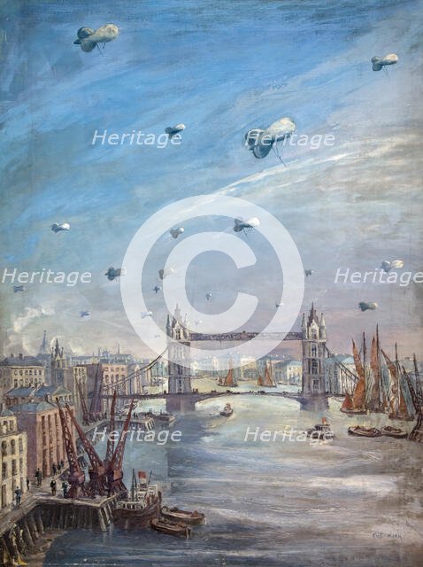 Barrage balloons over the Thames, between 1939 and 1946. Creators: Central Office of Information, Eve Kirk.