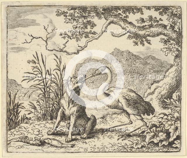 The Stork Removes a Bone from the Wolf's Throat from Hendrick van Alcmar's Renard The F..., 1650-75. Creator: Allart van Everdingen.