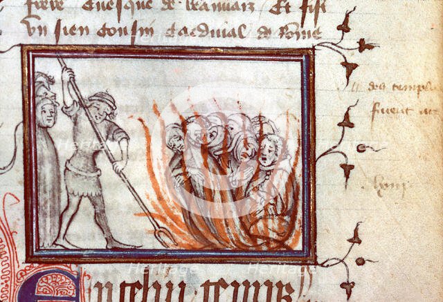 Execution of the Templars. From Fleurs des chroniques by Bernardus Guidonis, after 1384. Creator: Anonymous.