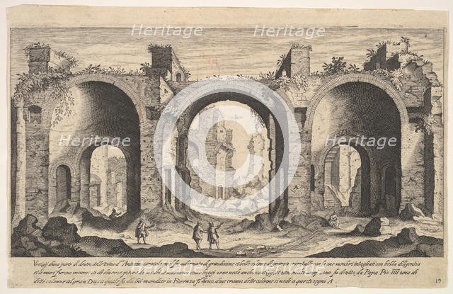 Plate 19: view of the Baths of Caracalla, indicating with inscribed letter 'A' the places ..., 1606. Creator: Aegidius Sadeler II.