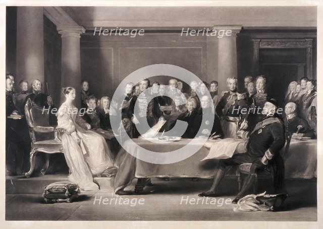 Queen Victoria presiding at the council on her accession to the throne, 1846. Artist: Charles Fox