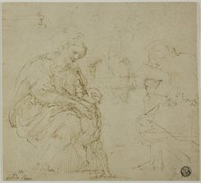 Sketches of Virgin and Child, Seated Figure, and Landscape, c. 1530. Creator: Vincenzo Tamagni.