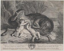 Romulus and Remus suckling the she-wolf on a riverbank, ca. 1650-75. Creator: Anon.