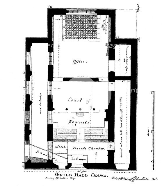 A plan of Guildhall Chapel, King Street, Cheapside, London, 1819 (1886).Artist: William Griggs