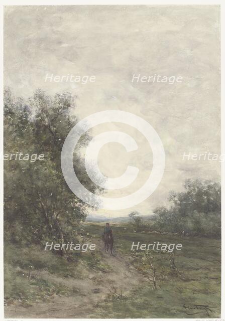 Landscape with a rider and a herd of sheep with shepherd, 1856-1892. Creator: Jan Vrolijk.
