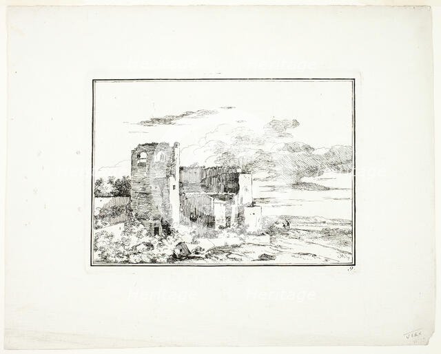 Ruined Buildings near a River Bank, plate 9 from Quatrieme suite de paysages dessinés e..., c. 1779. Creator: Louis Gabriel Moreau.