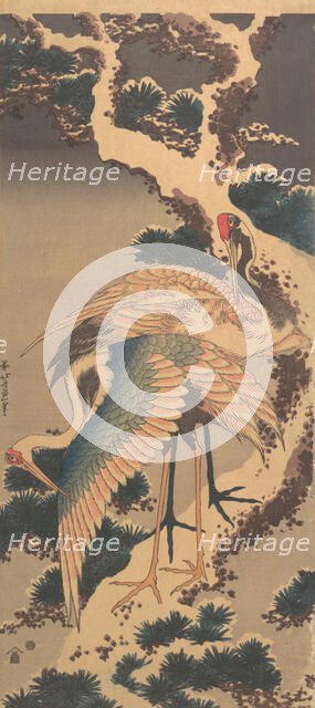 Cranes on Branch of Snow-covered Pine, late 1820s. Creator: Hokusai.