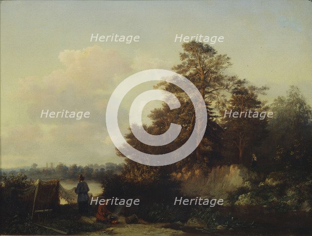 Landscape with Anglers, 1852. Artist: Kamenev, Valerian Konstantinovich (1823-1874)