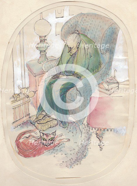 Old woman and cat, 1951.  Creator: Shirley Markham.