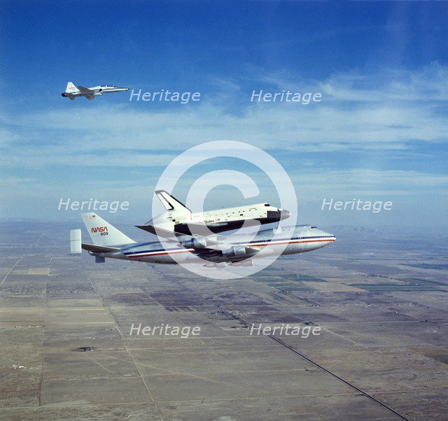 Space Shuttle Orbiter 'Columbia' on Boeing 747 Shuttle Carrier, 1980s. Creator: NASA.