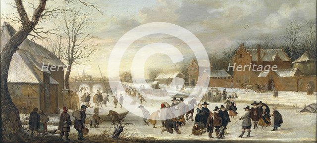 Winter landscape with iceskaters.