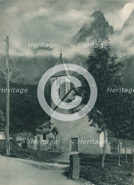 Chapel and Pala Group, San Martino di Castrozza, Dolomites, Italy, 1927. Artist: Eugen Poppel.