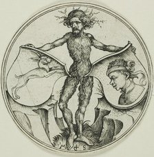 Two Shields with a Hare and a Moor's Head, Held by a Wild Man, 1480/90. Creator: Martin Schongauer.