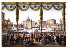 Pontifical ceremonies. Procession of the Holy Sacraments in Saint Peter's square. Color engraving…