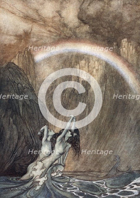 'The Rhine's fair children, Bewailing their lost gold, weep', 1910.  Artist: Arthur Rackham