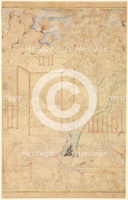 Master and Disciple in a Garden Pavillion; Single Page Illustration, c. 1570-1590s. Creator: Unknown.