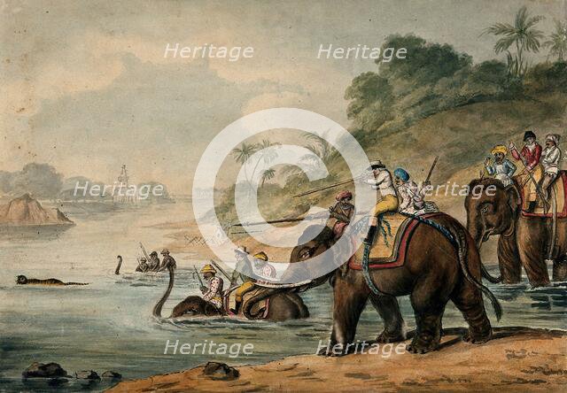 Tiger hunting in India: men riding elephants shoot at a tiger that tries to escape by..., 1800-1809. Creator: Samuel Howitt.