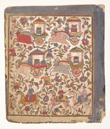 Procession of Carriages Carrying Booty...from a Dispersed Bhagavata Purana Manuscript , c1640-50. Creator: Unknown.