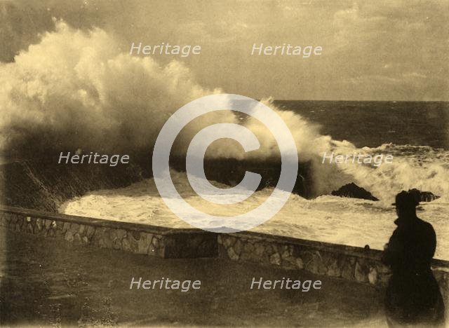 'Biarritz - Effet de vague a la digue du Rocher de la Vierge, c1930. Creator: Unknown.