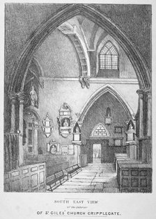 South-east view of the interior of the Church of St Giles without Cripplegate, City of London, 1825. Artist: Anon