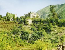 General view of the ruins of a castle near the Bzyb River, from the highway, between 1905 and 1915. Creator: Sergey Mikhaylovich Prokudin-Gorsky.