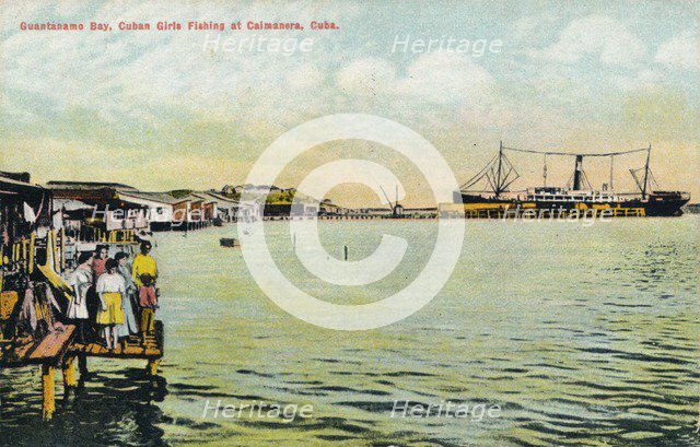 'Guantanamo Bay, Cuban Girls Fishing at Caimanera, Cuba', c1910. Artist: Unknown.