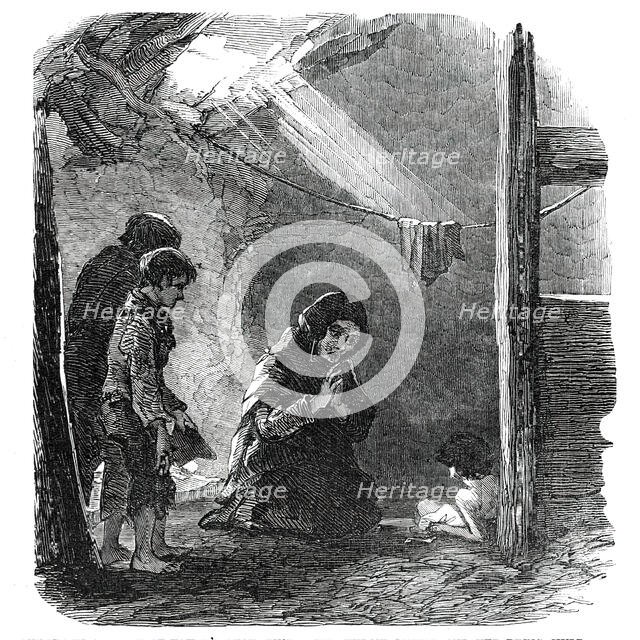Sketch in a House at Fahey's Quay, Ennis - the Widow Connor and her Dying Child, 1850. Creator: Unknown.