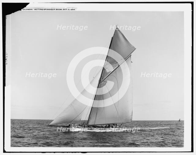 Columbia setting spinnaker boom, Oct. 3, 1899, 1899 Oct 3. Creator: Unknown.