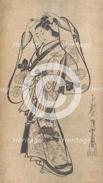 Courtesan Placing a Hairpin in Her Hair, ca. 1714., ca. 1714. Creator: Kaigetsudô Anchi.
