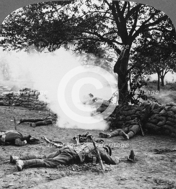 First World War battlefield scene, 1914-1918.Artist: Realistic Travels Publishers