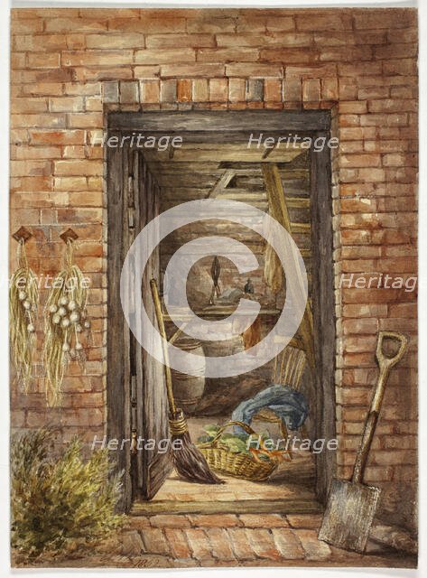Brick Wall with Open Door and Shovel, 1852. Creator: Elizabeth Murray.