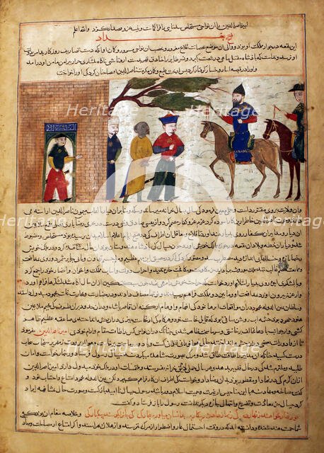 Captured Indian Raja Brought to Sultan Mahmud of Ghazni, Folio from a Majma..., ca. 1425. Creator: Unknown.