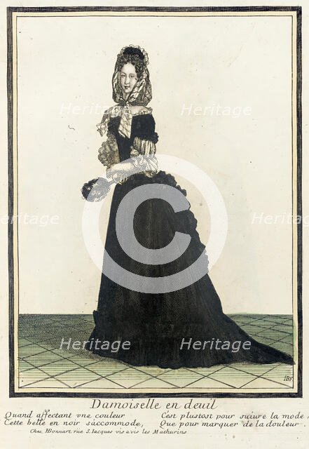 Recueil des modes de la cour de France, 'Damoiselle en Deuil', Bound 1703-1704. Creator: Henri Bonnart.