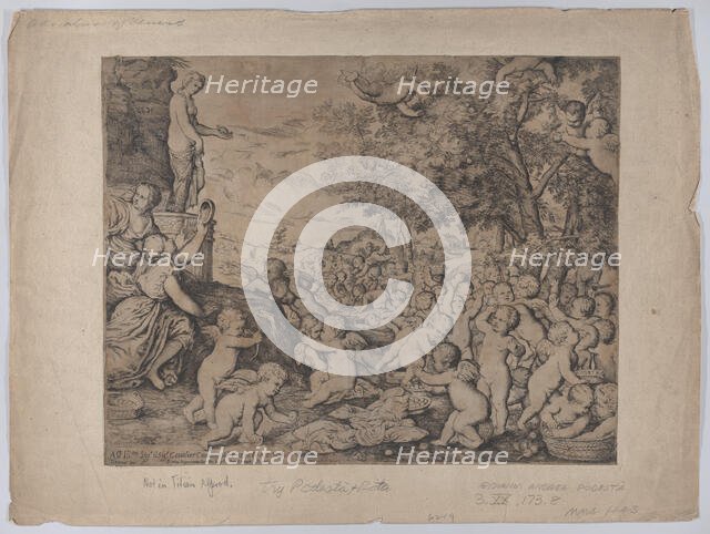 Putti before a statue of Venus; after Titian, 1636. Creator: Giovanni Andrea Podestà.