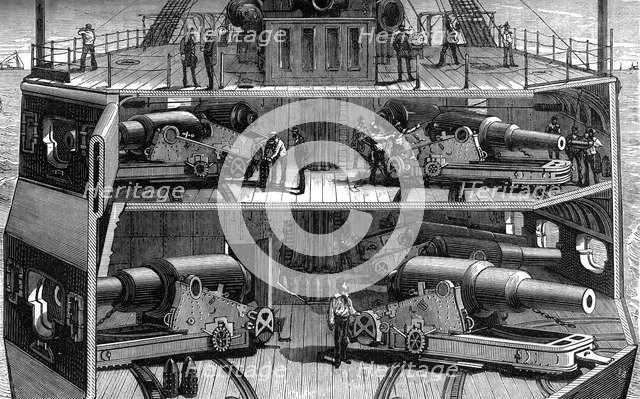 Section view of batteries in the ironclad frigate Alexandra, (c1880). Artist: Unknown
