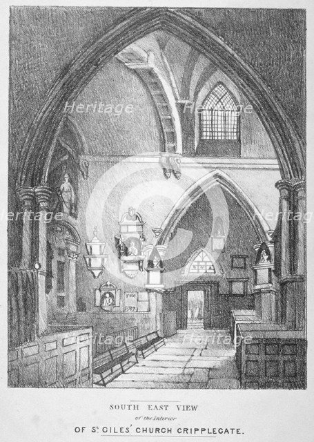 South-east view of the interior of the Church of St Giles without Cripplegate, City of London, 1825. Artist: Anon