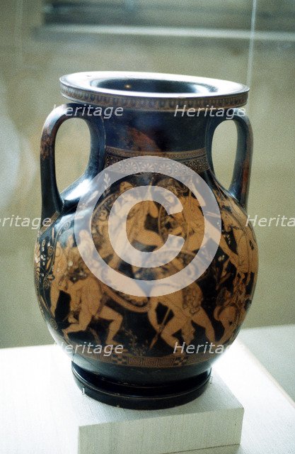 Greek vase decorated with figures of warriors fighting. Artist: Unknown