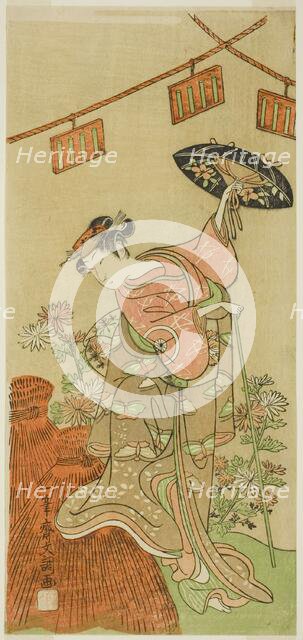 The Actor Iwai Hanshiro IV as Otatsu-gitsune in the Play Nue no Mori Ichiyo no Mato..., c 1770. Creator: Ippitsusai Buncho.