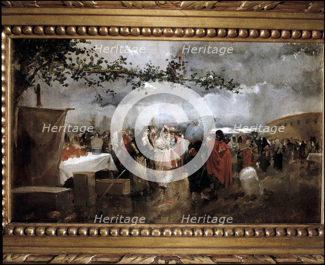 Outside the old bull ring in Madrid,' oil by Eugenio Lucas Villaamil.